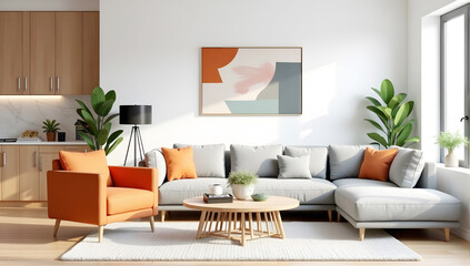 interior design of modern living room. Navy blue sofa against wall with wall art