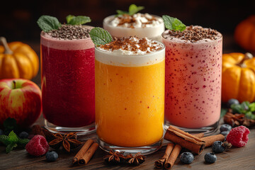 Autumn smoothies feature pumpkin, apple, cinnamon, and other warm flavors. Concept of seasonal smoothies.