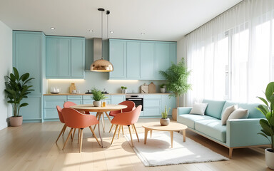 Turquoise kitchen in studio apartment. Interior design of modern living room