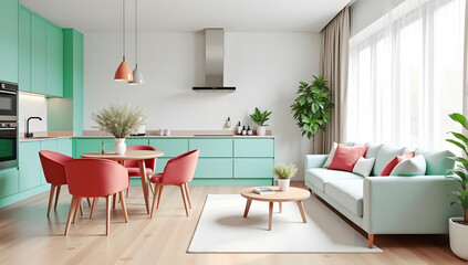 Turquoise kitchen in studio apartment. Interior design of modern living room