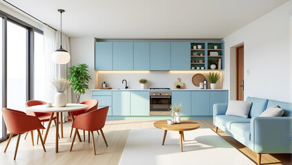 Fototapeta premium Turquoise kitchen in studio apartment. Interior design of modern living room