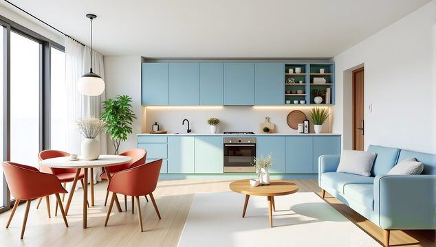Turquoise kitchen in studio apartment. Interior design of modern living room