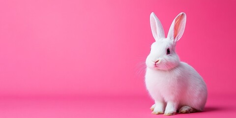 Obraz premium A cute white rabbit sitting against a vibrant pink backdrop. This image captures the playful nature of bunnies in a stylish way. Perfect for animal lovers and spring-themed projects. AI