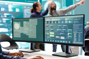 Cyber security experts working on spyware and malware detection in a governmental agency center....