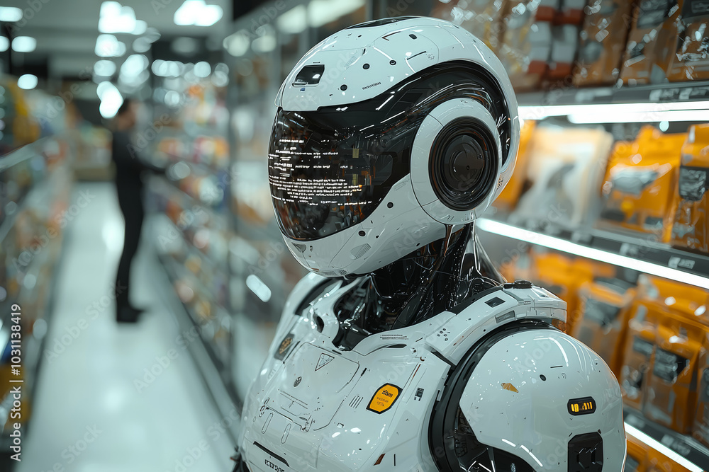 Poster an ai-powered robot assisting customers at a high-tech supermarket, providing personalized recommend