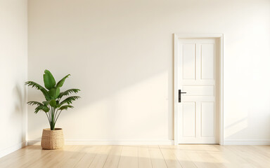 Interior background of empty white living room with plant and door 3d rende