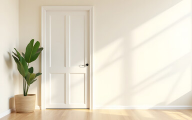 Interior background of empty white living room with plant and door 3d rende