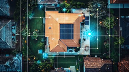 A flat lay of a hydrogen fuel cell system connected to a home energy grid, with charts showing reduced emissions and energy efficiency.