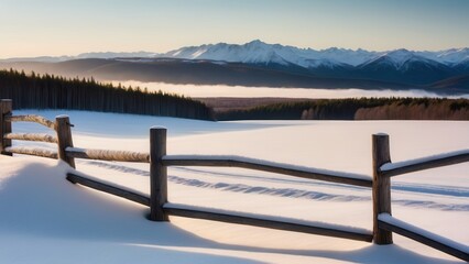 Naklejka premium A wooden fence divides the snow-blanketed countryside, extending towards the distant hills under a stunning winter sunset. This peaceful rural winter landscape captures the essence of untouched nature