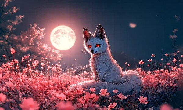 Adorable Kitsune in Moonlit Garden of Pink Flowers: Kawaii Anime Art