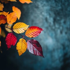 Fototapeta premium Vibrant autumn leaves showcasing a blend of reds, yellows, and oranges. The colorful foliage stands out against a soft blurred background. A beautiful nature image ideal for seasonal themes. AI