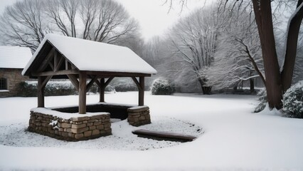 A rustic stone well nestled in the snow-covered forest, with snow softly blanketing the entire landscape. The serene winter atmosphere of the rural countryside creates a sense of calm and quiet