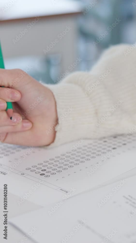 Poster hands, writing and student with multiple questions test in classroom at school for scholarship admis