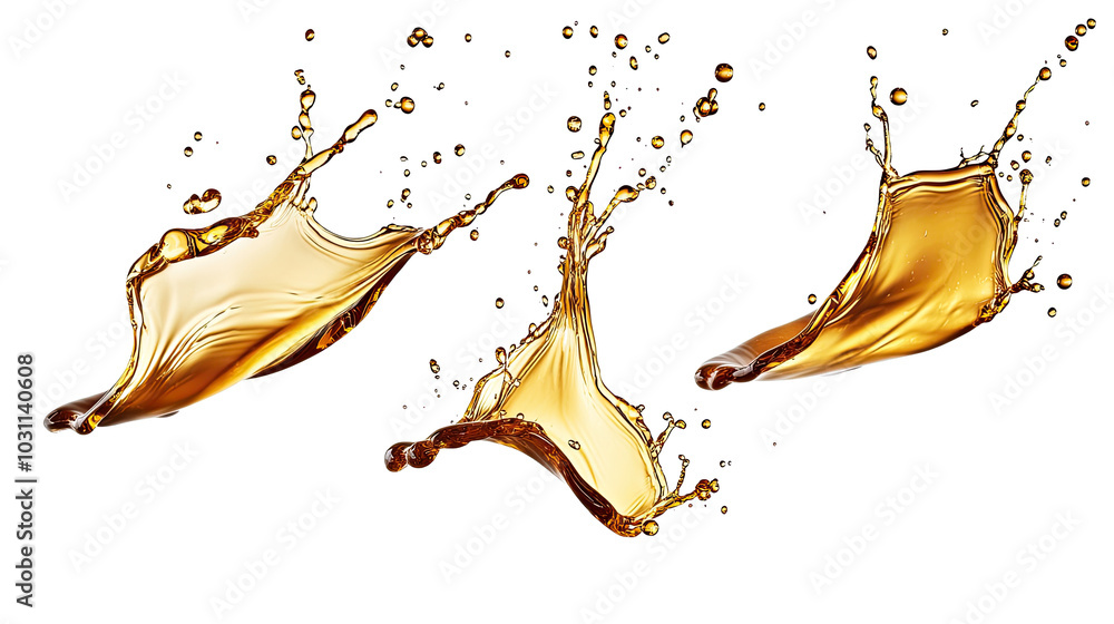 Poster falling oil splashes create dynamic shapes on a white background generative ai