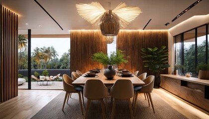 Fototapeta premium Modern dining room featuring wood accents and elegant lighting. Home design concept. 3D Rendering