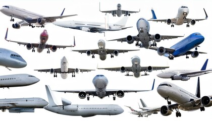 A collage of multiple commercial airplanes isolated on a white background, showcasing different angles and positions. 3D Rendering