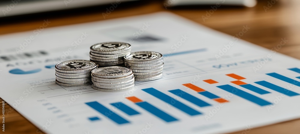 Wall mural silver coins stacked on a financial chart depicting growth, investment, and economic concepts