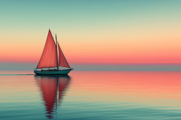 A Transformative Teal sailboat glides gracefully across calm waters at sunset, capturing the essence of serene evening adventures