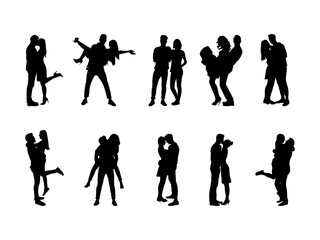 Set of Romantic Couple Silhouette in various poses isolated on white background