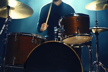 Drummer playing drums on stage with blue backdrop