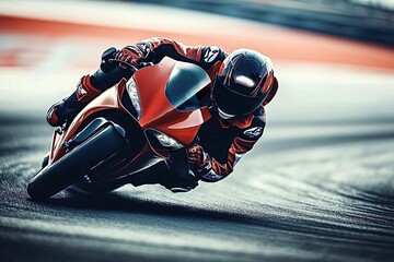 Motorcycle racer leaning into a turn on a racetrack