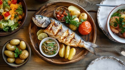 Whole grilled fish served with roasted potatoes, vegetables, and salad, presented as a wholesome and balanced meal.

