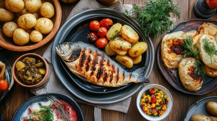 Grilled fish with roasted potatoes, served with a variety of side dishes on a rustic wooden table for a hearty meal.
