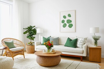 A stylish living room features a white sofa and green pillows complemented by natural accents like a wooden coffee table, wicker chair, and indoor plants for a fresh atmosphere.