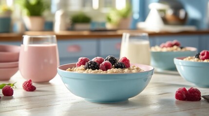 oatmeal; berries; raspberries; blueberries; healthy; breakfast; milk; fresh; wholesome; nutritious; morning; food; fiber; oats; dairy; delicious; light meal; balanced; antioxidants; vitamins; breakfas
