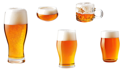 Flying Glasses of Beer With Frothy Foam on a White Background Generative AI