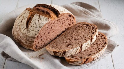 Loaf of a sourdough rye bread on a linen towel. Seen from above. Homemade bread. Healthy food. White wooden background. Top view. Copy space.