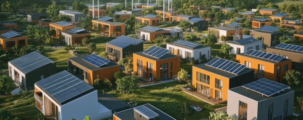 Fototapeta premium A modern city powered by renewable energy infrastructure, including solar fields, wind turbines, and battery storage systems