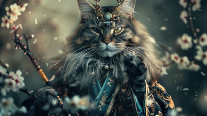 Regal cat wearing a royal crown and ornate clothing in a fantasy setting