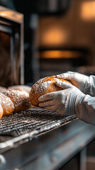 Baker with White Gloves Handling Freshly Baked Bread in Front of Oven with Flour Dusting