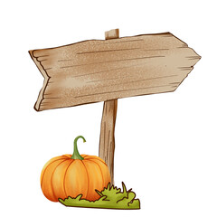 an old wooden sign with pumpkin below and grass on png transparant background 