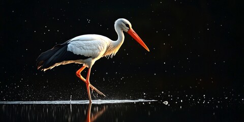 A graceful stork strides through calm water during twilight. Its white feathers contrast against the dark backdrop. Perfect for nature lovers and wildlife enthusiasts. AI