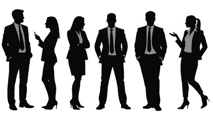 Silhouettes of diverse business professionals engaging in conversation, showcasing dynamic interaction and collaboration.