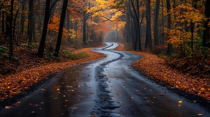 Obraz premium A winding road through an autumn forest, with fallen leaves scattered on the wet pavement. The trees are a mix of orange, yellow, and red.