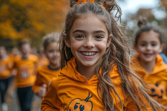 A family running a 5K charity race, all dressed in costumes to celebrate Halloween and support a good cause. Concept of fitness.