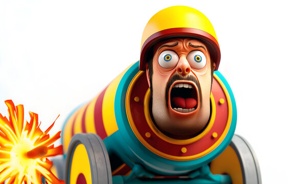 Scared stuntman in circus cannon with explosive background ready to be fired