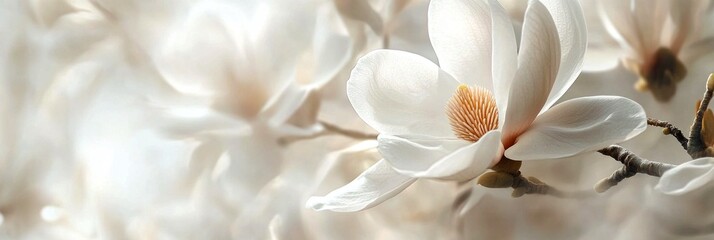 A delicate close-up of white magnolia flowers showcases their beauty and elegance. This image captures softness in nature, perfect for gardening or floral themes. Explore the spring essence. AI