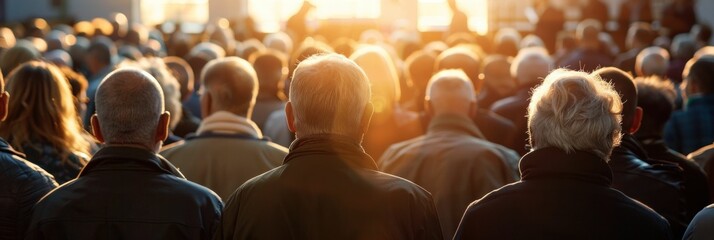 audience, crowd, gathering, people, backs, sunlight, community, togetherness, social event, public space, sunlight, optimism, diversity, unity, contemplative, collective experience, city background,