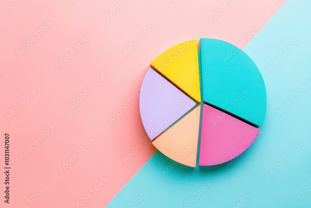 Poster pastel colored pie chart on split pink and blue background showcasing various segments and sections 