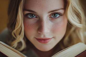 Close-up of a young woman reading a book, looking directly at the camera.