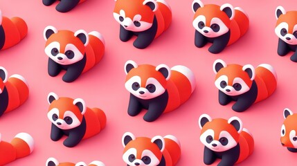 Obraz premium Playful Red Panda Shadow Dance on Minimalist Pink Background in Isometric View