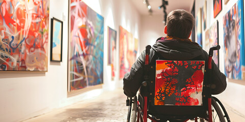 Person in Wheelchair Viewing Art Exhibition," "Accessible Art Gallery Visit