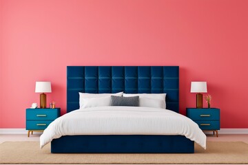 Stylish modern bedroom showcasing a deep blue upholstered bed against a vibrant pink accent wall, accompanied by matching blue nightstands and white bedding.