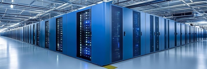 Modern Data Center With Rows of Server Racks and Network Equipment in Blue Tone, Technology Concept.