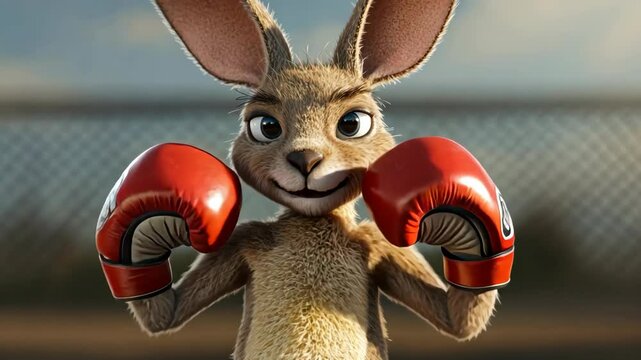 A cartoon kangaroo wears red boxing gloves and smiles at the camera