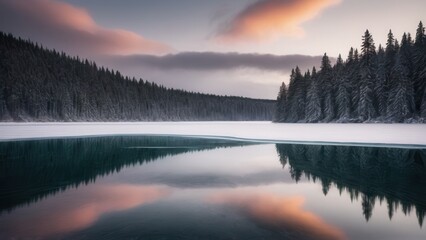 Fototapeta premium A tranquil Rural winter landscape featuring a frozen lake with icy reflections of a dense forest. The soft glow of the evening light on the treetops adds warmth to the cold, frosty scene, creating a p